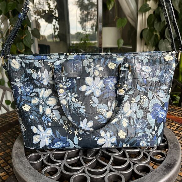 Brahmin Leather Croc Mini Asher Melbourne Blue Floral Bag & Ady Wallet EUC - Picture 9 of 12